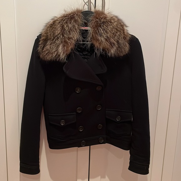 Prada Cropped Jacket Navy with Fur Collar Sz XS - Picture 1 of 15